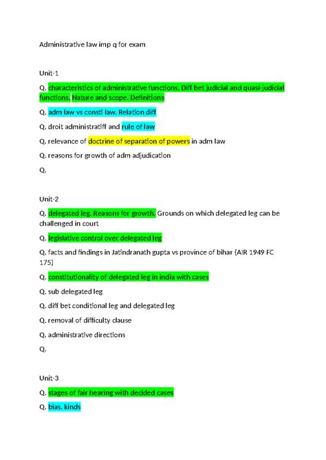 Administrative Law Imp Qs for Exam: Key Concepts & Cases - Studocu