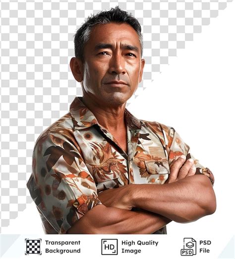 Man with crossed arms wearing a floral shirt on transparent background ...