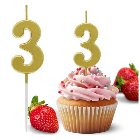 Świeczka na tort cyfra TRZY 3 urodzinowa piker metaliczna złota 9.5x2.3 ...