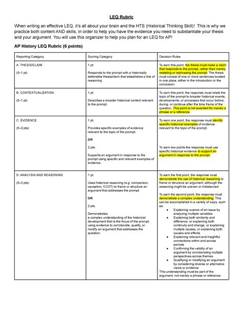 HELP With LEQ, DBQ, And SAQ - LEQ Rubric When writing an effective LEQ ...