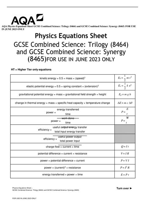 AQA Physics Equations Sheet GCSE Combined Science: Trilogy (8464) and ...