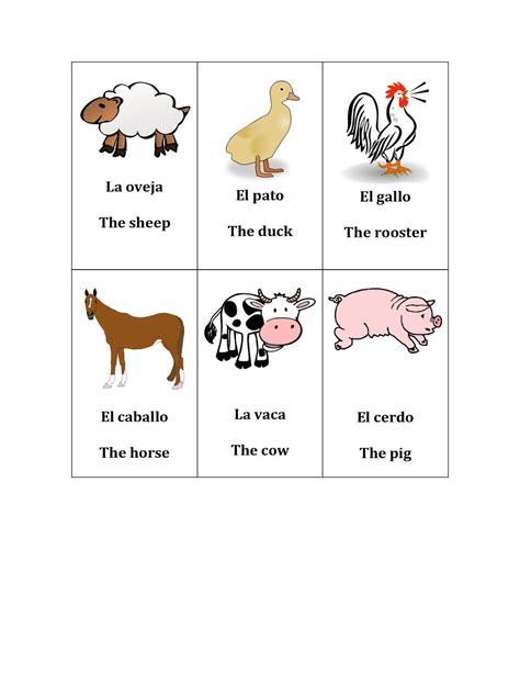 List Of Animals In Spanish Printable Worksheets