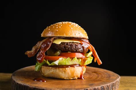 Beef Burger with Cheddar cheese, smoked bacon, jalapenos and spicy BBQ ...