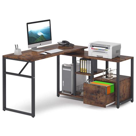 Tribesigns Rotating L Shaped Computer Desk With File Drawer Corner ...