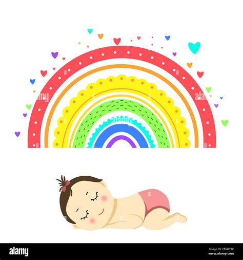 National Rainbow Baby Day card. Rainbow and hearts over sleeping child ...