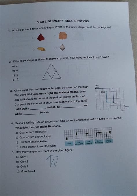 Grade 3, GEOMETRY SKILL QUESTIONS 1. A package has 5 faces and 8 edges ...
