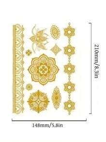 9 Sheets Metal Temporary Tattoo Stickers, Golden Sun, Feathers, Flowers ...