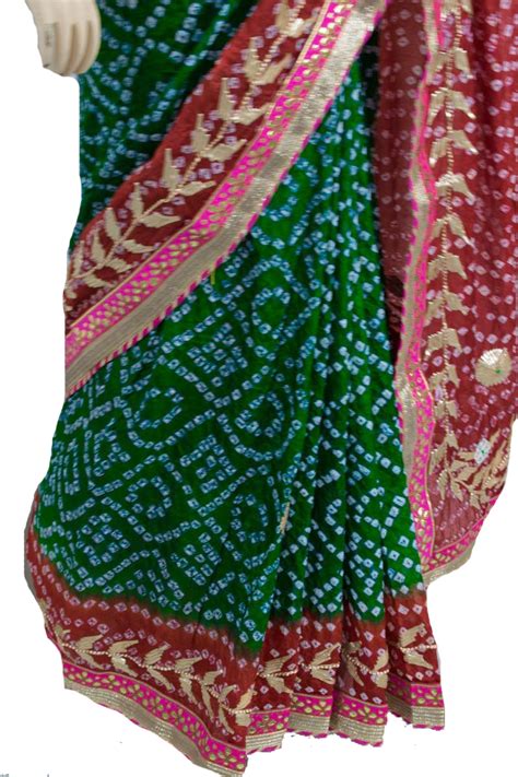Green Red Taffeta Silk Bandhani Saree with Gota Work Border – KANHASAREE