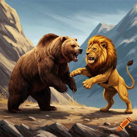 Illustration of a bear and a lion roaring and facing off in a desert ...