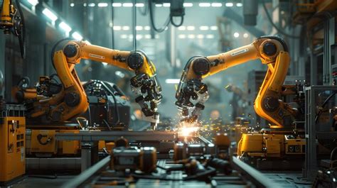 A robotic workshop with two yellow robot arms welding metal parts on an ...