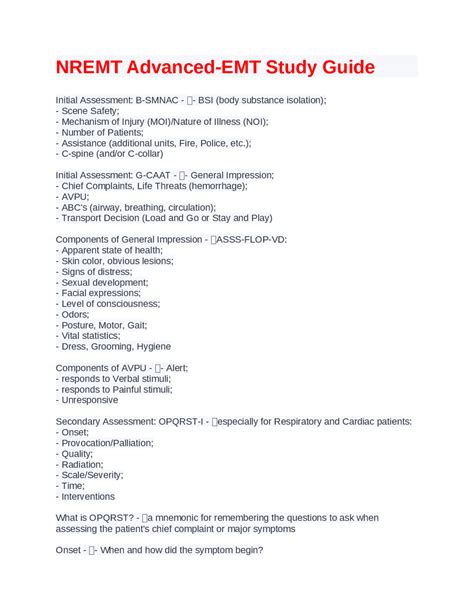 NREMT Advanced-EMT Study Guide. | Exams Nursing | Docsity