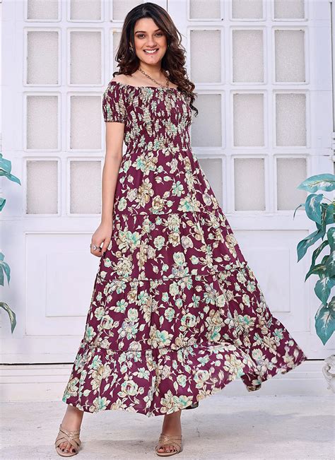 Maroon Flower Printed Rayon Off Shoulder Maxi Dress – Shinisha