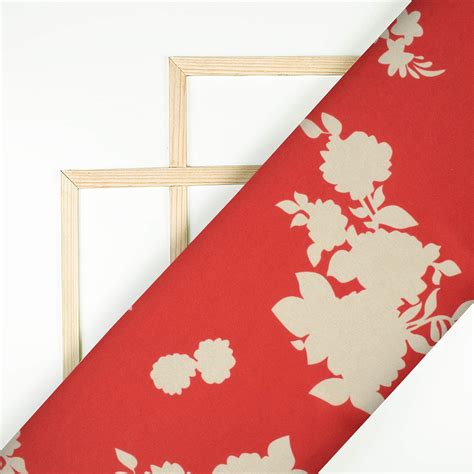 Vermilion Red And Pearl Grey Floral Pattern Digital Print Japan Satin ...