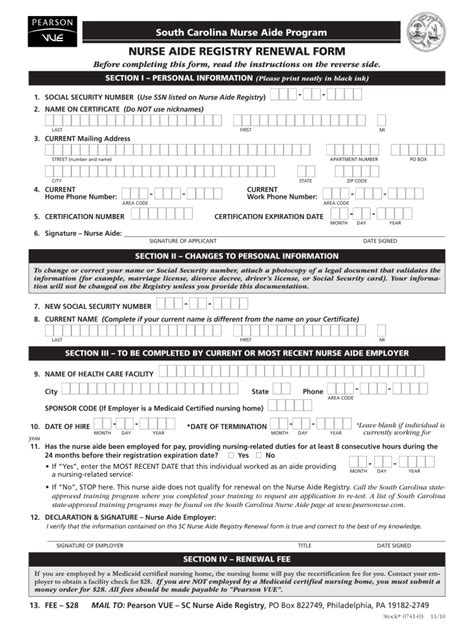 South Carolina Nurse Aide Registry Renewal Form - Blank Fillable ...
