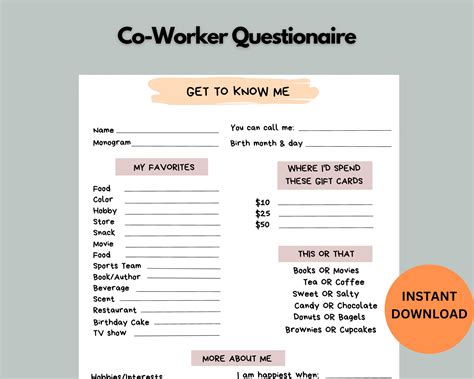 Coworker Questions Printable All About Me Employee - Etsy Canada