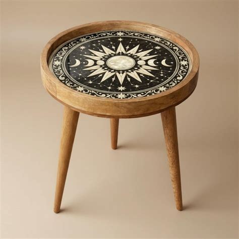 Handmade Mango Wood Side Table | Celestial Moon Phase Print, Boho Acce ...