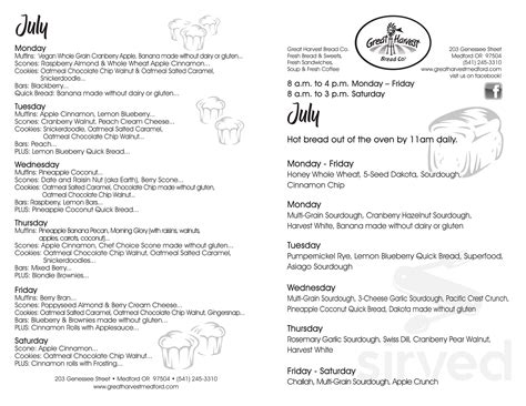 Great Harvest Bread Co. menu in Medford, Oregon, USA