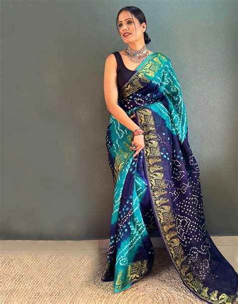 Rama Blue Hand Bandhej Bandhani Saree With Weaving Border – Sareewave