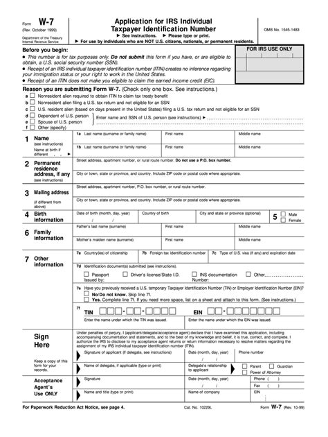 1999 Form IRS W-7 Fill Online, Printable, Fillable, Blank - pdfFiller