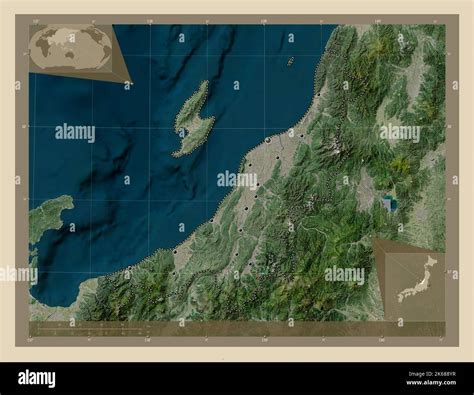 Niigata, prefecture of Japan. High resolution satellite map. Locations of major cities of the ...