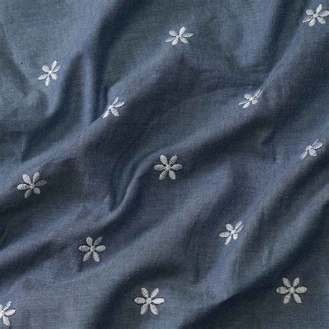 Denim Blue With Flower Embroidery And Scalloped Border Fabric – Sanskruti
