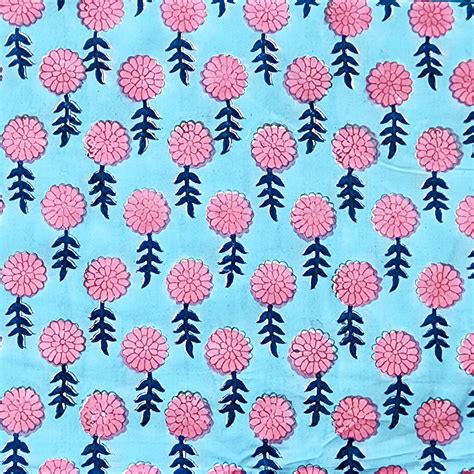 Pure Cotton Jaipuri Blue With Pink Flower Motif Hand Block Print Fabri ...