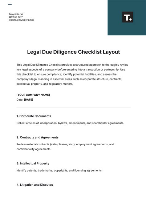Free Legal Due Diligence Checklist Layout Template to Edit Online