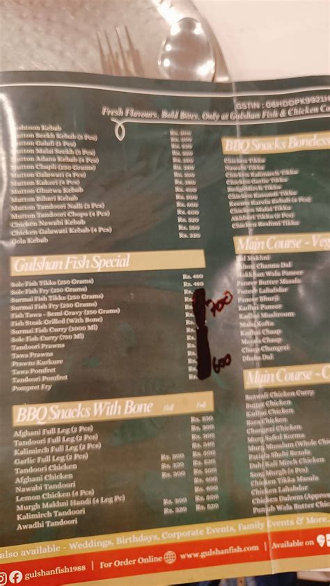 Menu at Gulshan Fish, New Delhi