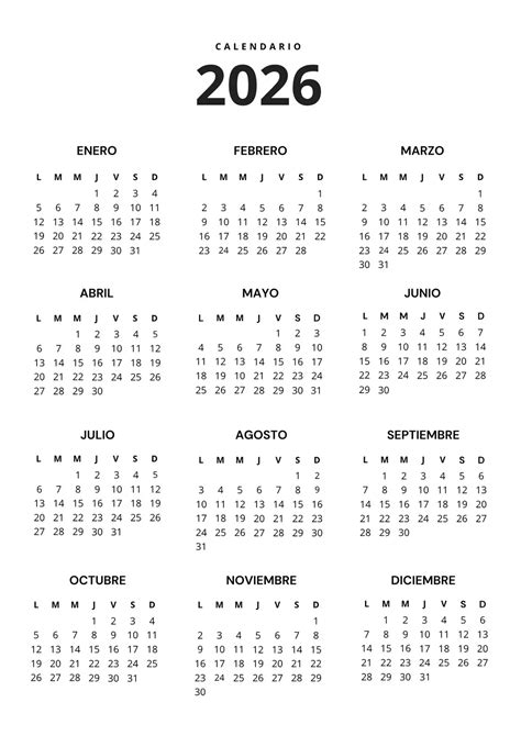 Documento A4 Calendario Anual 2026 Simple Blanco y Negro - Plantillas ...