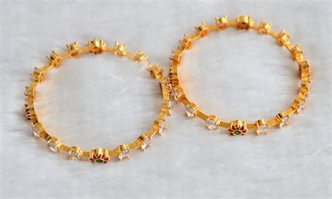 Gold tone cz ruby-green-white oval flower bangles(2.4) dj-46288 ...
