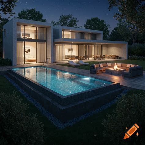 A modern house with a lit swimming pool and a fire pit seating area at ...