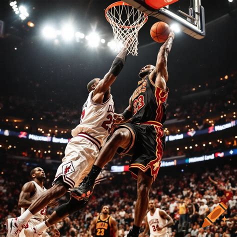 LeBron James dunks on Michael Jordan during a basketball game. on Craiyon