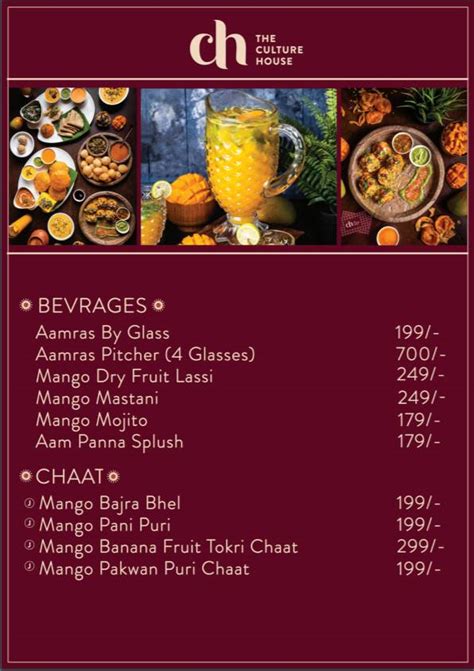 Menu at The Culture House, Mumbai, Pandita Ramabai Marg