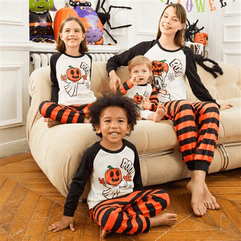 PatPat Halloween Matching Pumpkin & Ghost Print Striped Pajama Sets ...