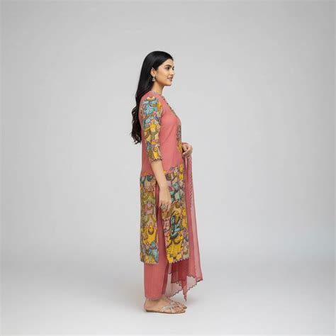 Kalamkari Cotton Kurta Set Pink with Floral Design with Coordinated Du ...