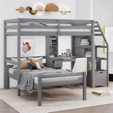 Euroco Wood Twin Size Bunk Loft Bed with Desk, Drawers and Shelf for ...