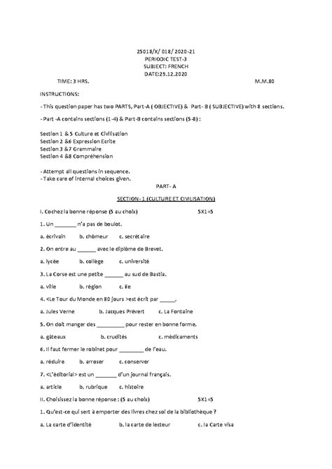 10 - CBSE Practice Paper - French Periodic Exam 2021 - Studocu