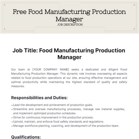Free Food Manufacturing Production Manager Job Description Template to Edit Online