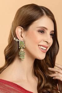 Buy Green Pearls, Lace, Diamonds Meenakari Work Jhumkis by Dugran By ...