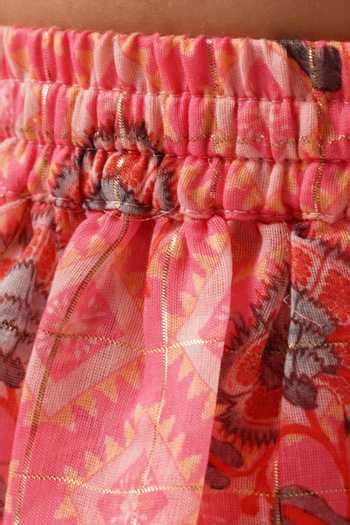Buy Pink Chanderi, Linen, Cotton Gota Patti, Floral Print Frilled ...