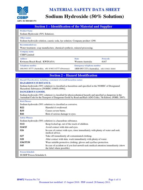 MSDS Sodium Hydroxide (50 Solution) | Sodium Hydroxide | Dangerous Goods
