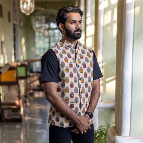 Kalamkari Buddha Cream Mens Nehru Jacket – Color Weave