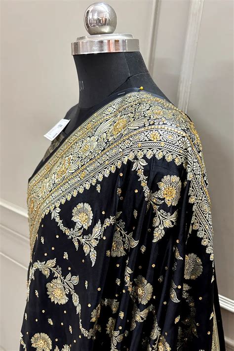 Black Tirchi Daal Stone Work Katan Silk Banarasi Saree – Mohsin Textiles