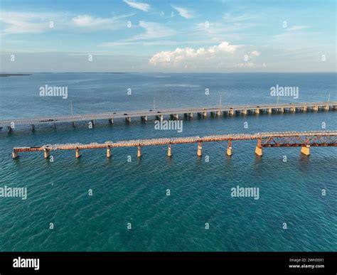 The old Bahia Honda Railroad Bridge with the new Bahia Honda Bridge on the background, Florida ...