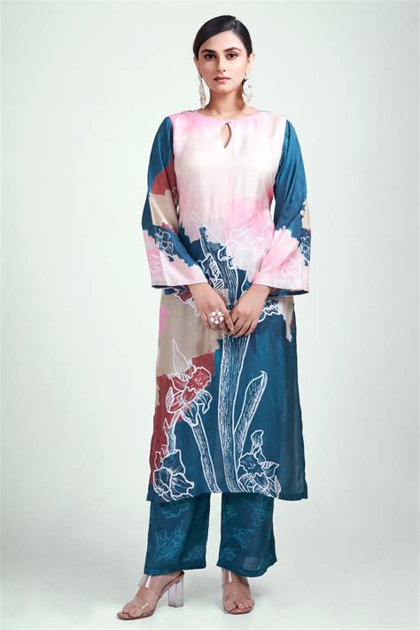 Floral Printed Kurta & Pant - Set of 2 - Blue - Muslin Silk – Showstopper