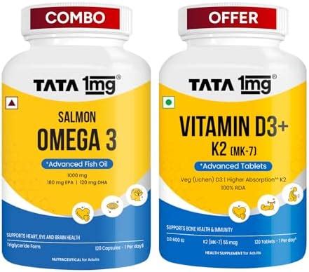 Tata 1mg Vitamin D3+K2, 120 Tablets + Tata 1mg Salmon Omega, 120 ...