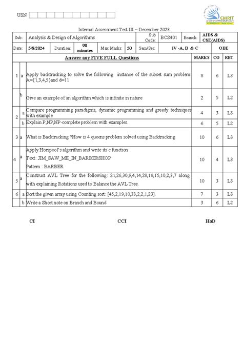 Ada a b c(ia 3) - importantquestion - USN Internal Assessment Test III ...
