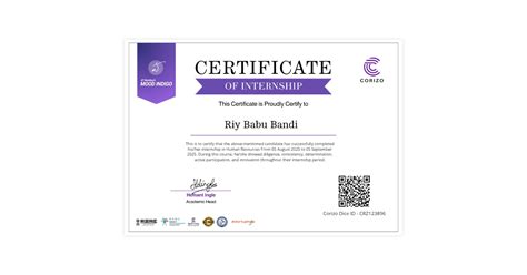 Riya Babu Bandi | Internship Certificate Corizo | Corizo Edutech