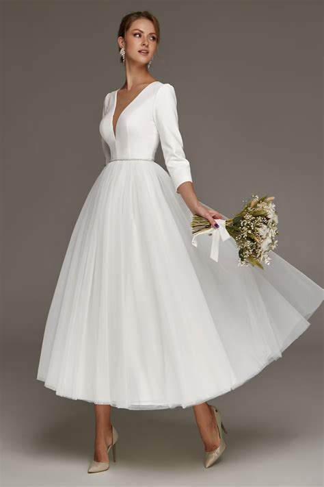 Reception Dress With Tulle Skirt,tea Length Elegant Wedding Dress,v Neck Wedding Dress With ...