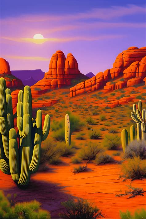 Oil Painting of Sedona Arizona Landscape at Sunset with Saguaro Cactus ...
